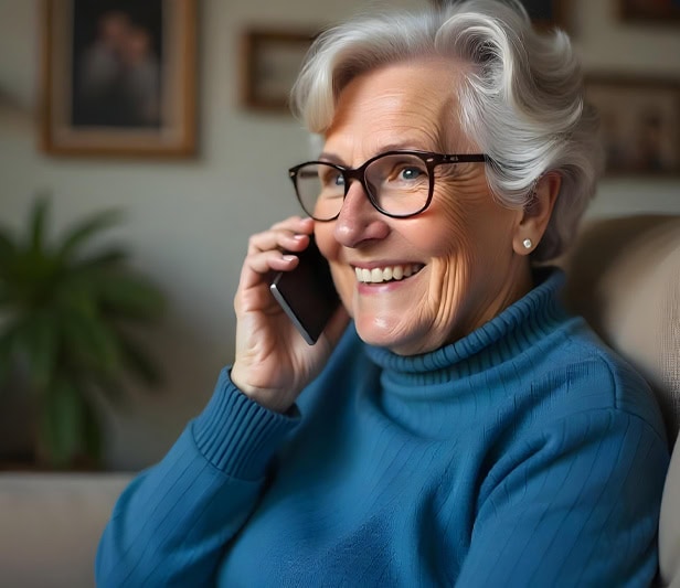 Une femme senior reçoit des appels de courtoisie par téléphone