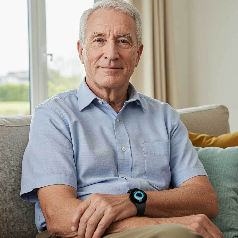 Homme senior qui porte un détecteur de chute de téléassistance en bracelet
