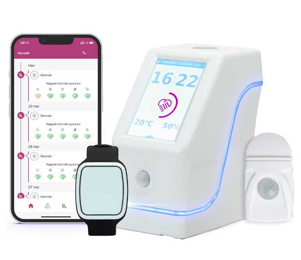 La box de téléassistance Noviacare, son bracelet, un capteur de présence et l'application pour les aidants