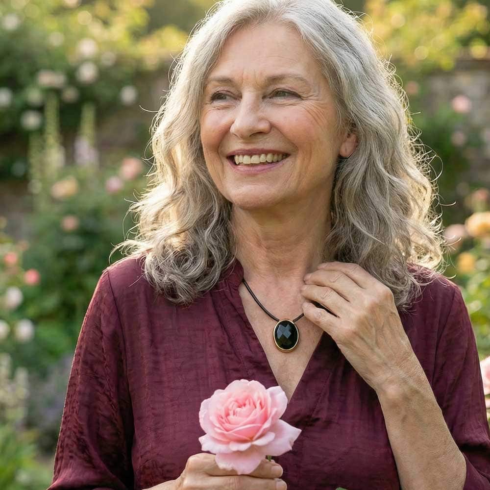 Femme senior dans son jardin portant le bijou connecté de téléassistance Joyah, elle a une rose à la main
