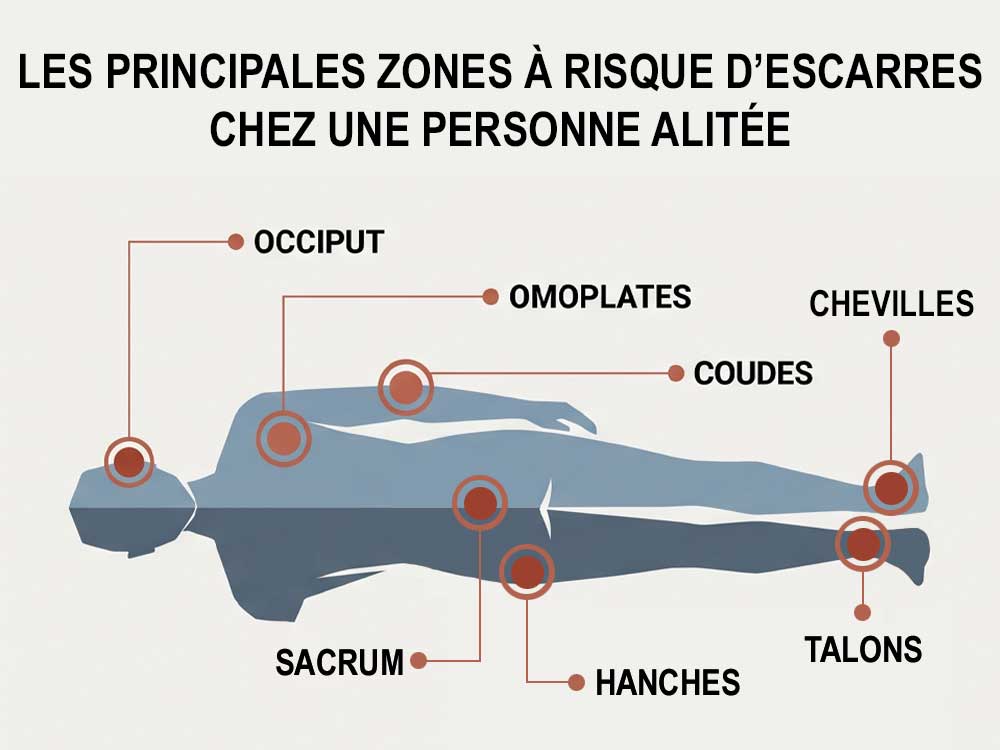 Infographie sur principales zones à risque d'escarres chez une personne alitée